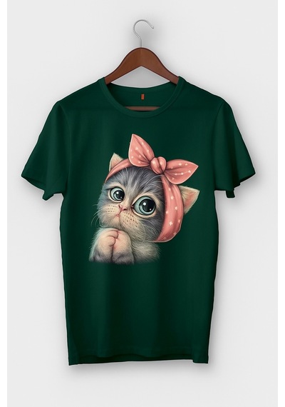 Sevimli Kedi Baskılı Oversize T-shirt Yeşil