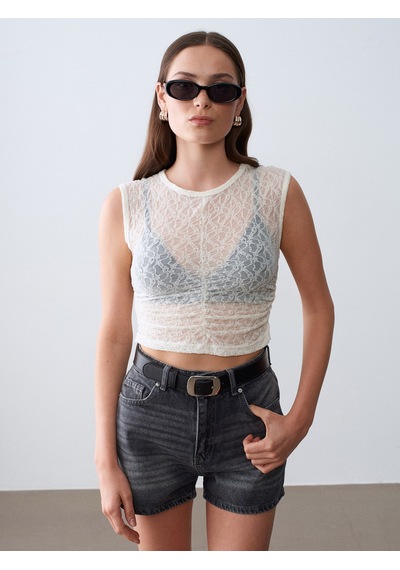 Dilvin 32492 Büzgülü Dantel Top-ekru