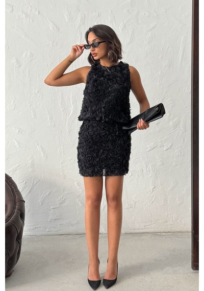 Verymoda Gül Desenli Tül Etek F1757 Siyah