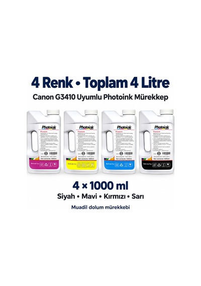 Photoink Canon G3410 Uyumlu 4 Renk Mürekkep Seti 4 x 1000 ml