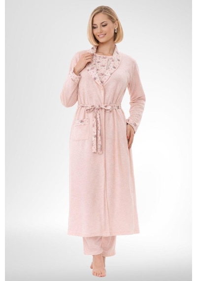 Mecit Pijama Mecit 6316 Pudra Kadın Büyük Beden Sabahlıklı Pijama Takımı Pudra