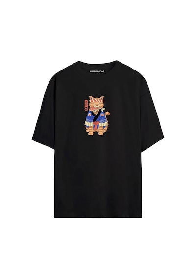 Anime Kedi Baskılı Unisex Siyah Oversize T-shirt SIYAH
