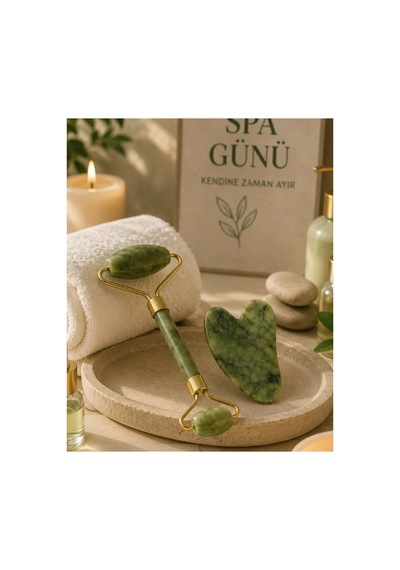 Jade Stone Yüz Bakım Seti Gua Sha Ve Roller Masaj Taşı Standart