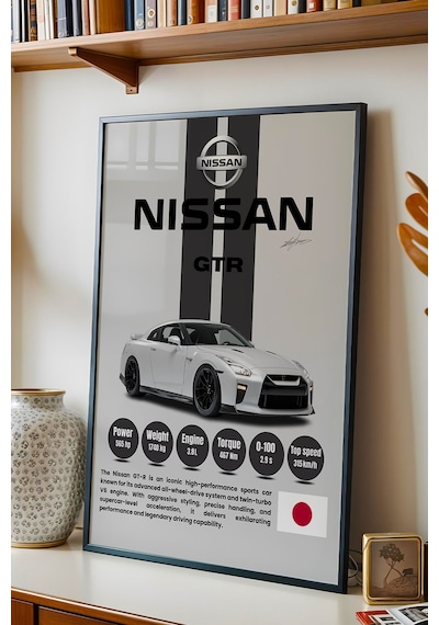 Nissan Gt-r R35 Premium Spor Araba Çerçeveli Tablo - Teknik Özellikli Jdm Otomobil Duvar Dekoru Siyah