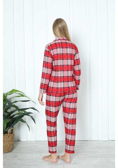 Wordex Mr 3707 Boydan Düğmeli Soft Süet Kışlık Kareli Kadın Pijama Takımı Kırmızı