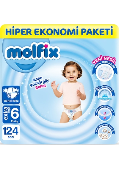 Molfix Bebek Bezi 6 Beden E.large Hiper Ekonomi Paketi 124 Adet
