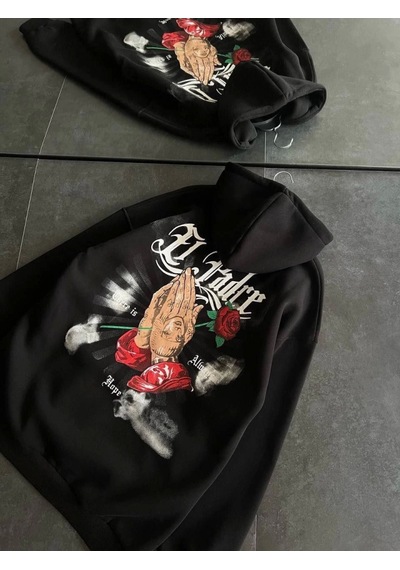 Yake Store Üç İplik Penye Uzun Kol Kapşonlu Baskılı Sweatshirt - Siyah - Siyah
