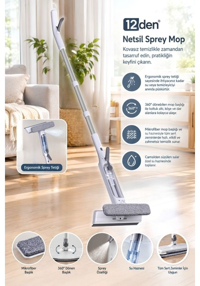 Spreyli Cam Yer Temizleme Mop Seti, Su Hazneli Kovasız Etkili Spreyli Mikrofiber Temizlik Seti