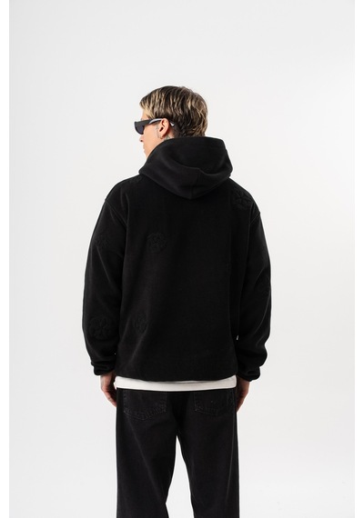 Respire Erkek Süzene Nakış Detaylı Kapüşonlu Oversize Polar Hoodie Siyah