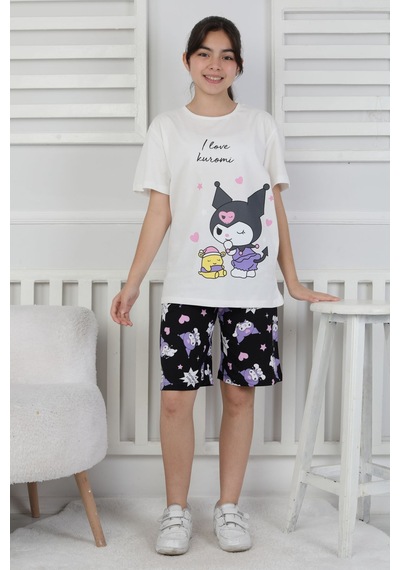 I Love Kuromi Baskılı Kısa Kollu Şort Pijama Takımı Beyaz