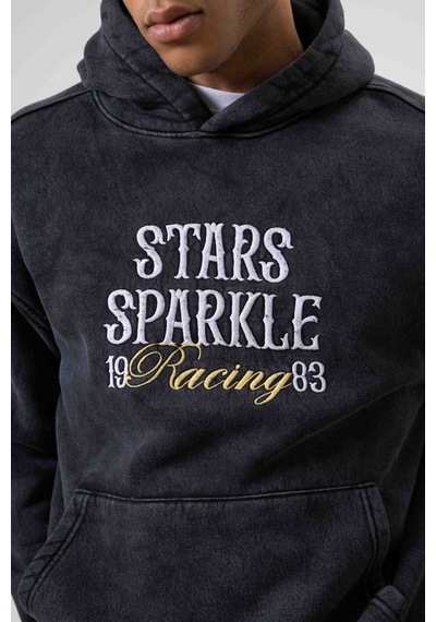 Vamos Oversize Nakış Baskılıkapüşonlu Sweatshirt Siyah