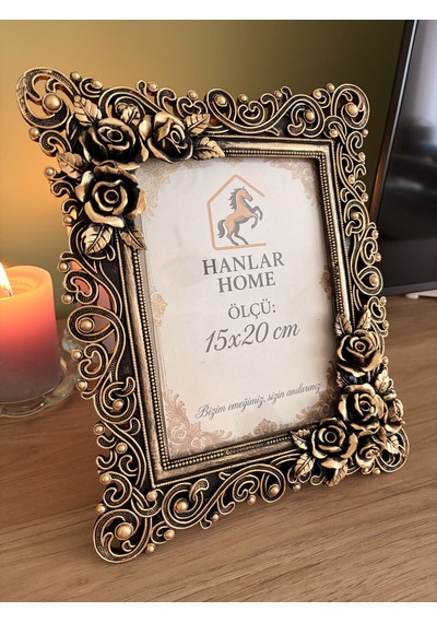 Gülşah 15x20 Cm Siyah Altın Varak Eskitme Vintage Çerçeve Barok Gül Kabartmalı Masaüstü Dekoratif Fotoğraf Çerçevesi