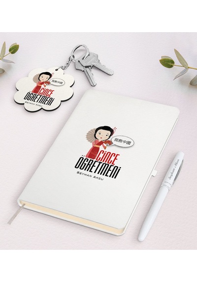 Kişiye Özel Çince Öğretmeni Beyaz Defter Kalem + Anahtarlık