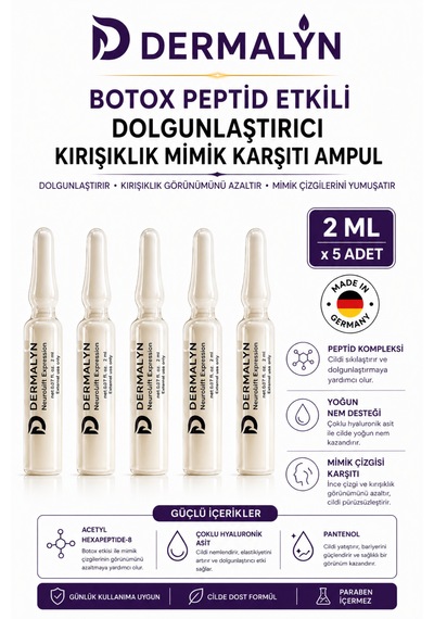 Dermalyn 5 Adet Peptid Etkili Dolgunlaştırıcı Kırışıklık Mimik Karşıtı Ampul Serum Dermaroller Dermapen