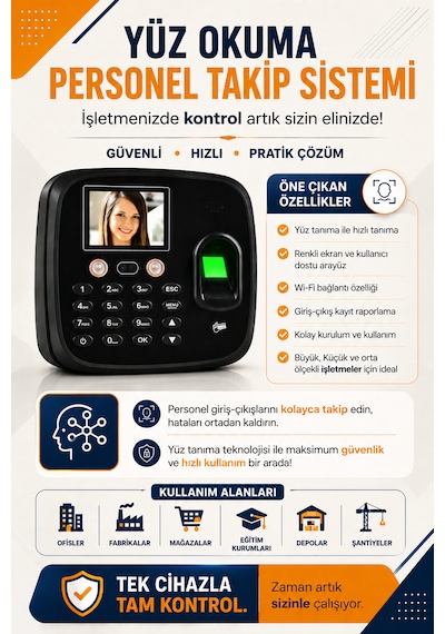 Wifi Kablosuz Yüz Okuma Parmak İzi Ve Kartlı Personel -web Giriş Çıkış Yazılımı(10 KART DAHİL)