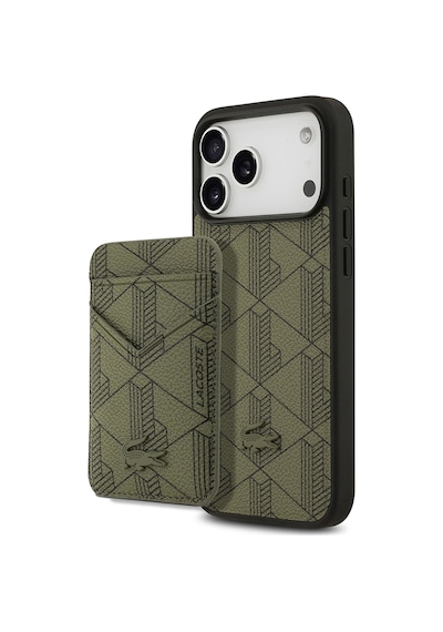 Apple Uyumlu iPhone 17 Pro Max Kılıf Lacoste Lisanslı M-safeli Pu Deri Kartlıklı Karışık Monogram Desenli Yeşil Yeşil