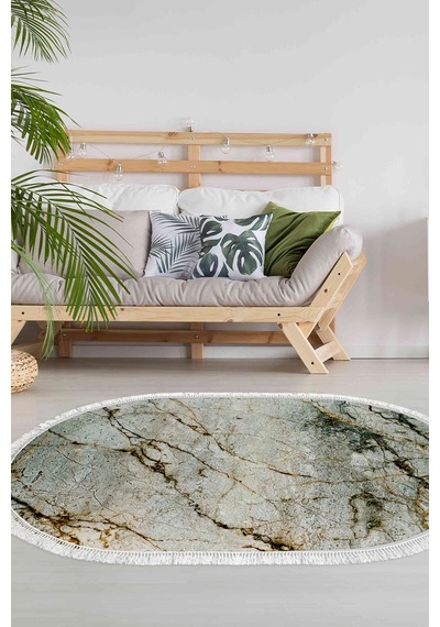 Alanur Home Kaymaz Dijital Mutfak & Salon Halı Trend Saçaklı Oval Mermer E5031 Renkli