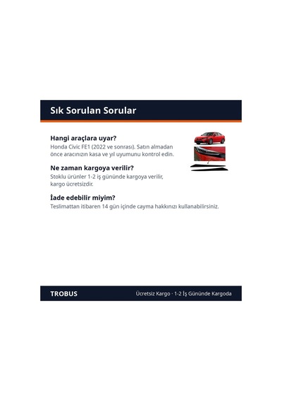 Trobus Piyano Black Far Altı Kaş Çıta Seti 2 Parça Honda Civic Fe1 2022 Ve Sonrası Uyumlu