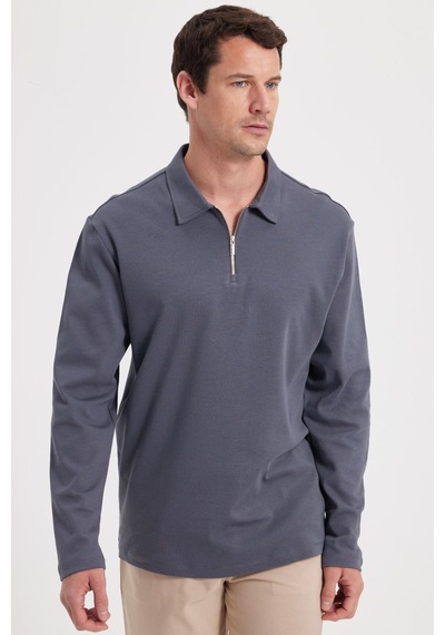 Tudors Erkek Relax Fit Rahat Kesim %100 Pamuk Yarım Fermuarlı Polo Yaka İnterlok Antrasit Sweatshirt-42172 Antrasit