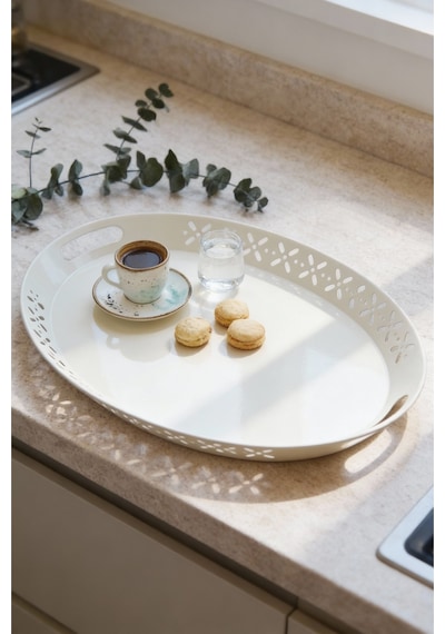 Oval Metal Servis Ve Sunum Tepsisi, Büyük Tepsi, Çay Kahve Tepsisi Krem