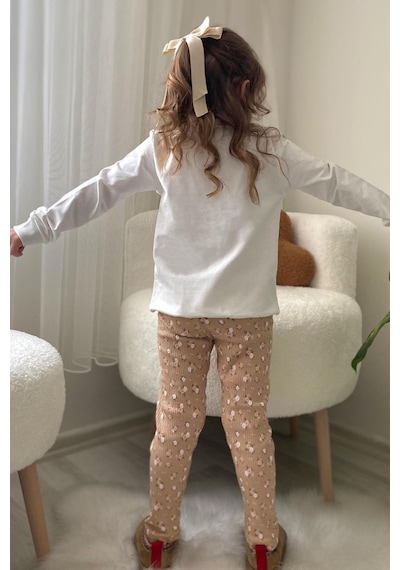 Breeze Kız Çocuk Taytlı Takım Sevimli Kız Baskılı Çiçekli 2-6 Yaş, Ekru Ekru