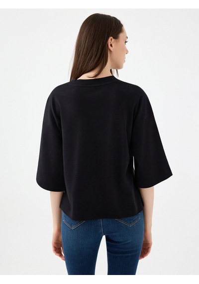 Loose Long Crop Kadın Tshirt K.kol Siyah