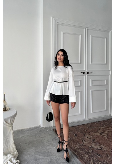 Soonaksesuar Kemer Detaylı Saten Bluz - Beyaz Beyaz