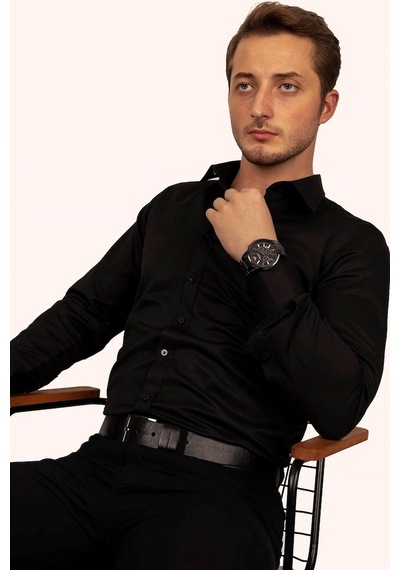 Siyah Armür Desenli Slimfit Erkek Gömlek Siyah Siyah Armür Desenli Slimfit Erkek Gömlek Siyah