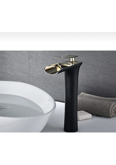 İsaoğlu Yapı Şelale Lavabo Bataryası Çanak Lavabo Musluğu Siyah Gold Naturel Akışlı Batarya Gold