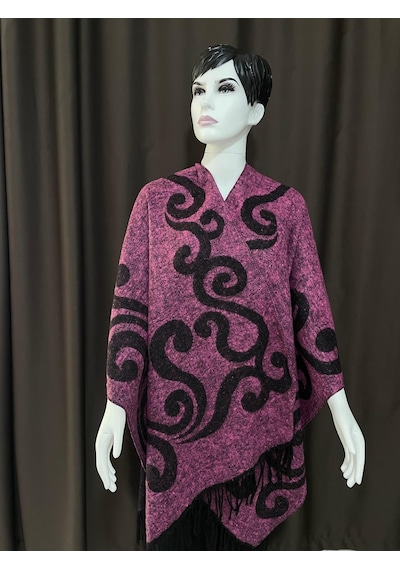 Kadın Çift Taraflı Desenli Kışlık Panço Pembe Siyah Etnik Motifli Omuz Şalı Pembe - Siyah