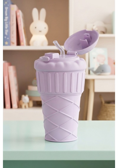 Külah Ve Dondurma Şekilli Askılı Pipetli Sızdırmaz Suluk 500ml Mor