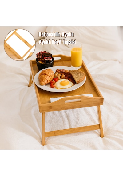 Porsima Katlanır Ayaklı Bambu Tepsi Yatak Keyif Tepsisi 50cm 30cm , Portatif Tepsi Bambu