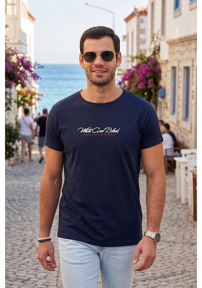 Buratti Pamuklu Slim Fit Bisiklet Yaka Yazılı Erkek T Shirt 541Enjoy Lacivert