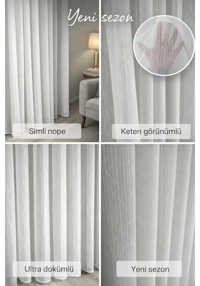 Simli Nope Model Ütü İstemez Tül Perde 1/2 Seyrek Pileli Ultra Dökümlü Özel Ölçü Ekru