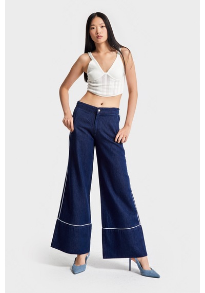 Itsbasic Kadın Lacivert Renk 7w5-50/1 Wide Leg Fit Şerit Detaylı Tasarım Denim Jean
