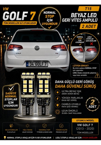 Vw Golf 7 Normal Stop Uyumlu T15 W16w Beyaz Led Geri Vites Ampulü Canbus 2 Adet