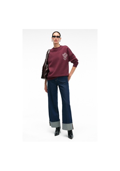 Grımelange AUDRA Kadın Oversize Yuvarlak Yaka Nakış Detaylı Bordo Sweatshirt