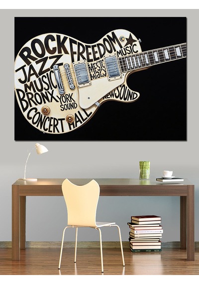 Gitar Şeklinde Yazılarla Rock Müzik Dekoratif Kanvas - Mdf Ahşap Tablo