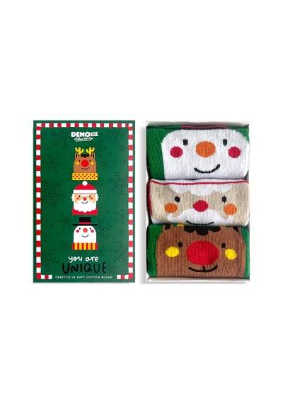 Denokids Yılbaşı Unisex Kız Erkek Çocuk 3'lü Kutulu Çorap Renkli