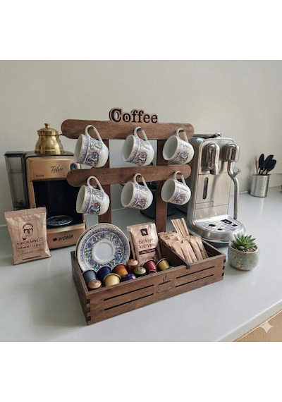 Ahşap Kahve Köşesi - Fincan Askılık, Kahve Kapsülü Ve Şeker Organizeri, Kahve Sepeti. 30cm Ahşap Stand