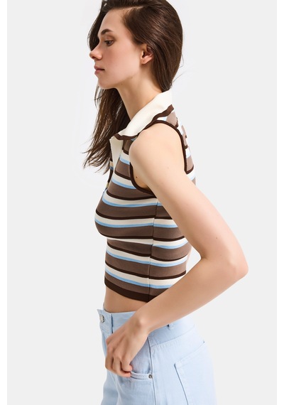 Kadın Mavi Kahve S6-103 Crop Fit Polo Yaka İnce Yazlık Triko Body
