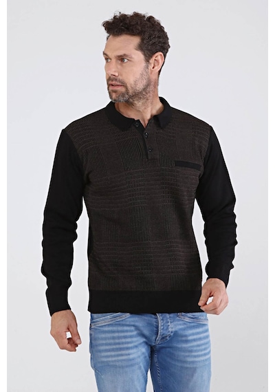 Çizgi Triko Erkek Polo Yaka Çelik Örgü Triko Kazak 4603F Siyah
