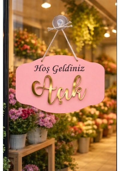 Gold Pleksi Detaylı 3d Ahşap Açık-kapalı Tabelası - Pembe