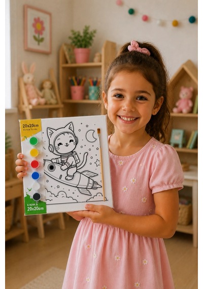 Uzay Kedisi Boyama Tuvali Şövalesiz Boya Seti 20x20