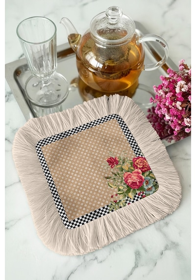 Vintage Çiçekli Saçaklı Sunum Peçetesi - Pastoral Romantik Bohem Bej Pembe Bardak Altlığı Mendil