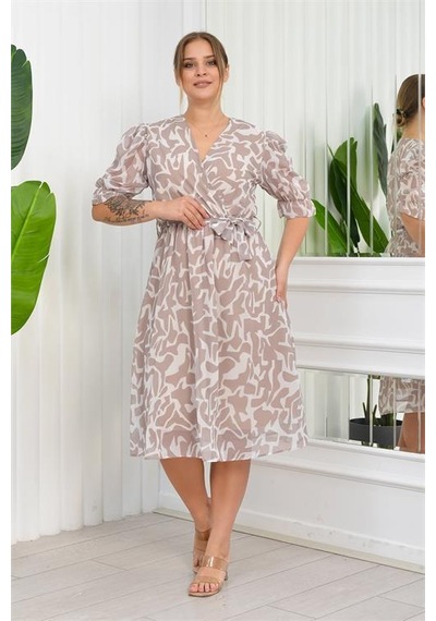 Dip Moda Kadın Büyük Beden Desenli Şifon Elbise Dpnb8063 - Bej Bej