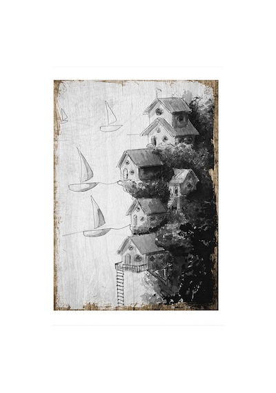 Bedeko Soyut Deniz Ve Evler Desenli Ahşap Tablo 25 Cm X 35 Cm