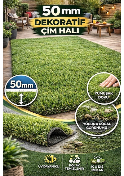 50mm Dekoratif Çim Halı En Üst Seviye Doğallık & Lüks Konfor 100 x 100