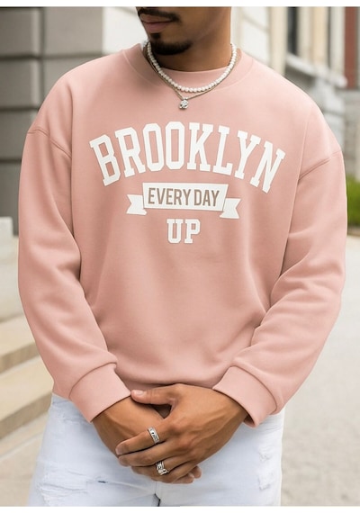 Benroma 3 İplik Penye Brooklyn Baskılı Unisex Sweatshırt Pembe