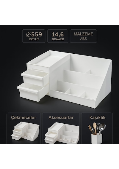 Çok Amaçlı Çekmeceli Mutfak Organizeri - Kaşıklık Çatallık Baharat Ve Aksesuar Düzenleyici Beyaz